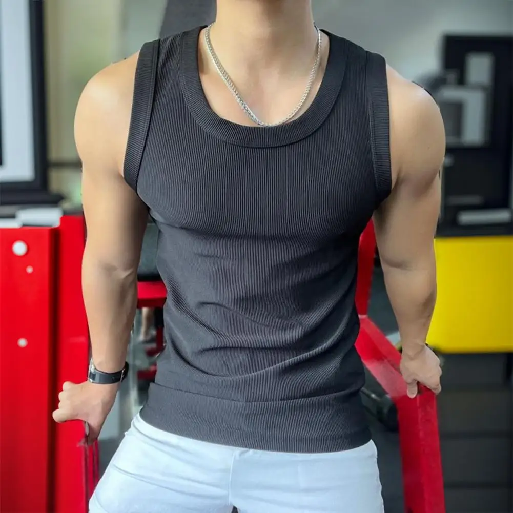 Men Sport Vest Round Neck Sleeveless Elastic Solid Color Tank Tops Ribbed Exercise Fitness Tops Elastic Strap Workout Top