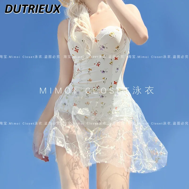 Print Vacation Seaside Sweet Girls Spa One-piece Suspender Swimsuit and Gauze Skirt Gathering Swimwear Bathing Suit for Women