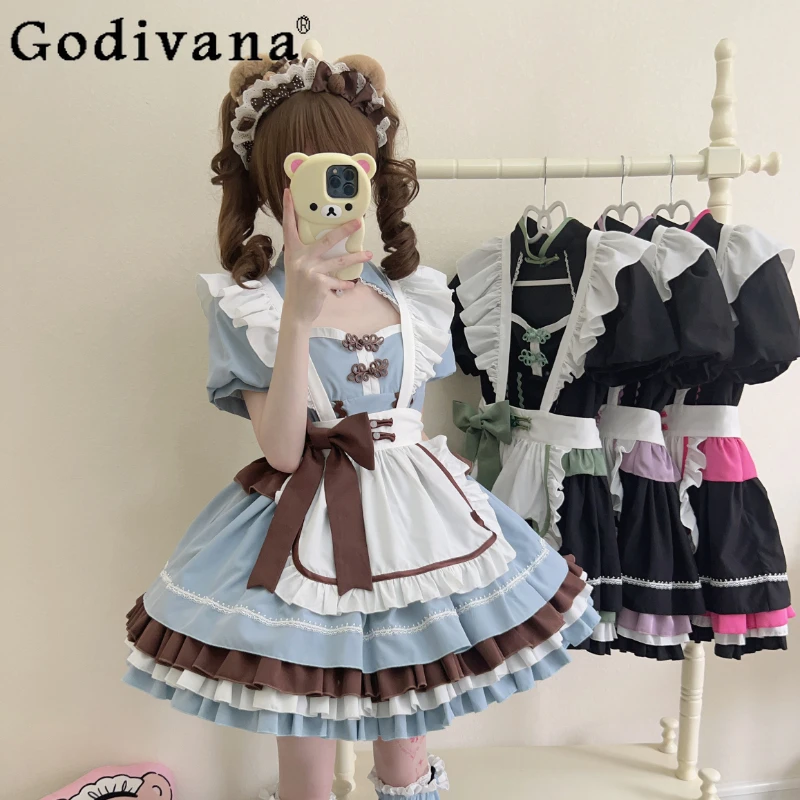 

Original Lolita Maid Dress Japanese Style Women Cute Girls Short Sleeve Bucket Op Dress with Apron Leg Warmer Outfits Summer New