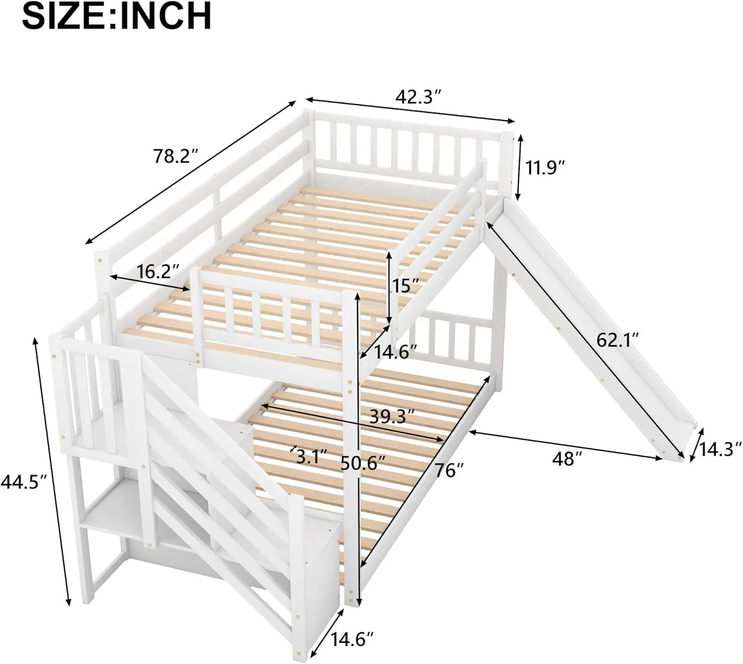 Lits superposés bas avec toboggan, lits superposés jumeaux en bois avec escaliers pour enfants