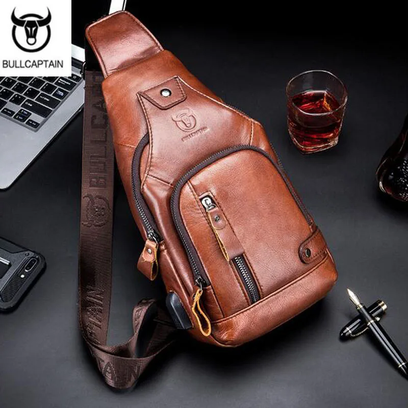 BULLCAPTAIN men\'s USB chest bag Messenger bag for Men Messenger bag leather shoulder bag diagonal package new travel backp