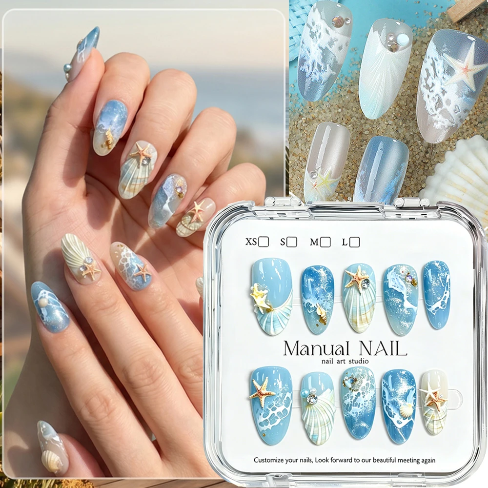 10pcs Blue Wave Bubbles Summer Press On Nails Starfish Pearl Water Ripple Almond False Nails Ocean Series Women Vacation Manicur