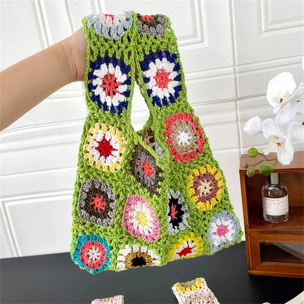 Flower Crochet Women\'S Shoulder Bag Designer Hollow Knitting Tote Soft Woven Handbag Beach Ethnic Style Bohemian Travel Shopper