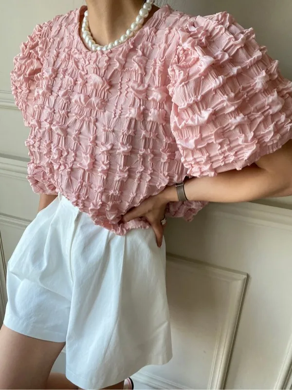 Chic Summer Loose Fit round Ne Bubble Sve irt Women's Top Versatile Casual Plaid Print Ele Faionable Ladies' Blouse