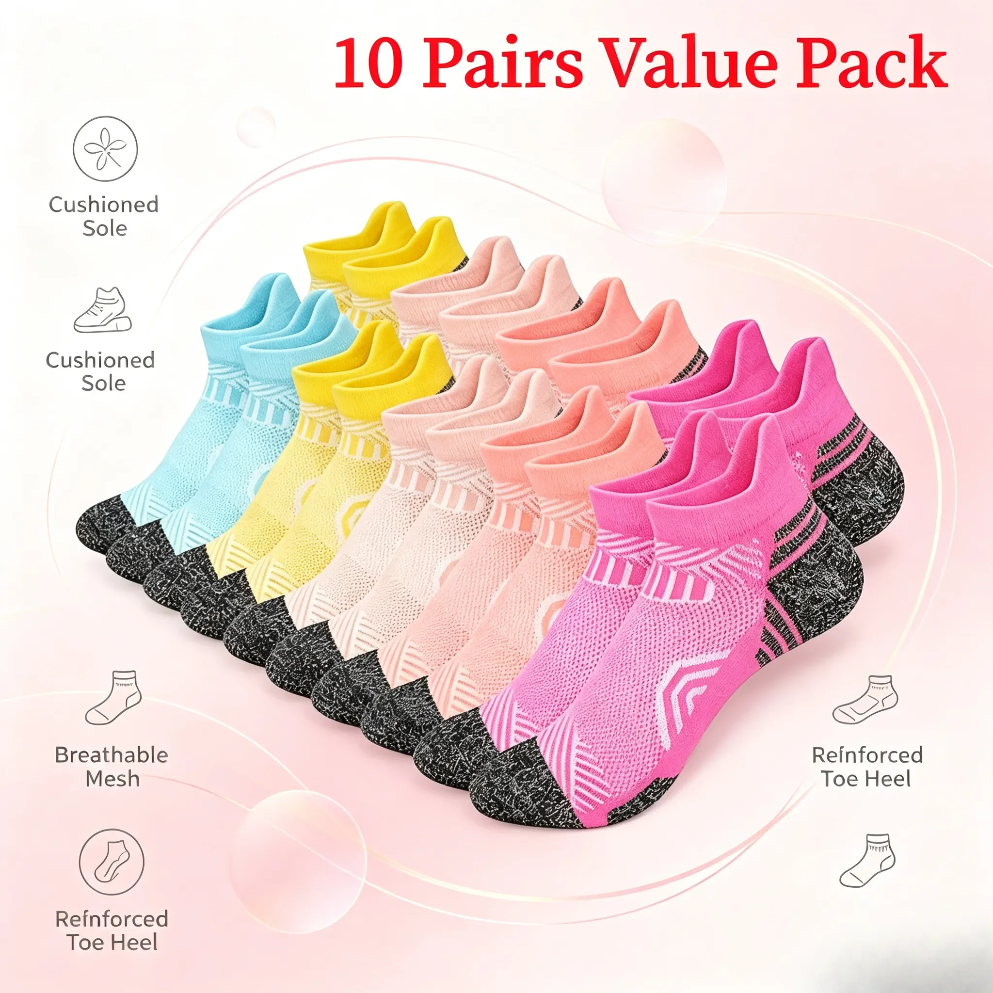 Women's 10-pair sports boat socks, breathable mesh thickened sports socks, toe heel reinforced non-slip light socks, suitable for running fitness training, macaron multi-color mixed package