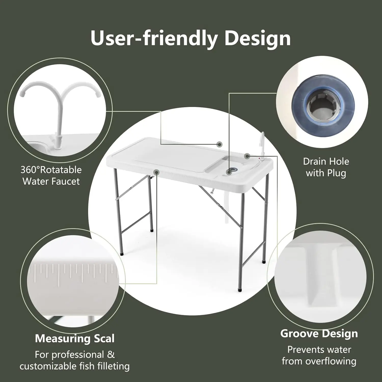 싱크대 및 수도꼭지가 있는 접이식 물고기 청소 테이블, 호스 후크 업이 있는 헤비 듀티 필렛 테이블, 휴대용 야외 캠핑 싱크대