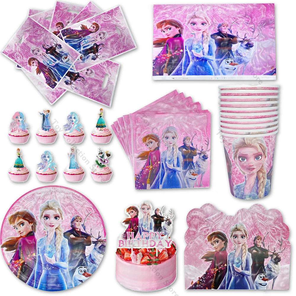 Pink Frozen Snow Queen Anime Girl Favor Party Supplies Party Table Accessories Paper Plate Napkin DIY Toy Gift Party Decoration