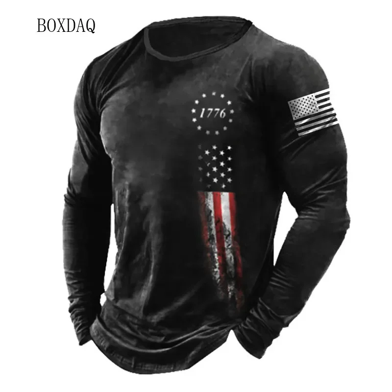 American Flag Design Men's T-shirt Round Neck Spring Autumn Long Sleeve 3d Printed Street Fashion T-shirt 6XL Plus Size Men's Cl