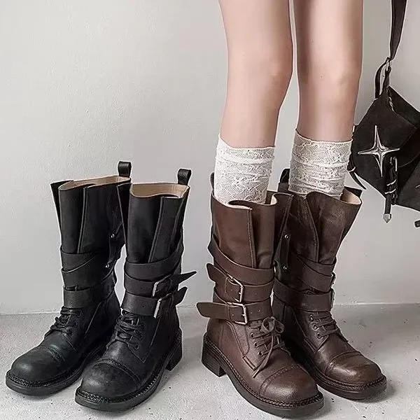 Women's Ankle Straps Round Toe Side Zipper Boots Motorcycle Punk Style Low Heel Durable Fashion Lace-Up Shoes