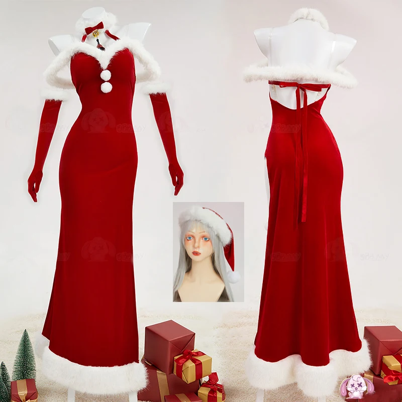 

Рождественский карнавальный костюм, женское сексуальное модное бархатное платье без рукавов со шляпой и перчатками для взрослых, рождественское праздничное плюшевое длинное платье