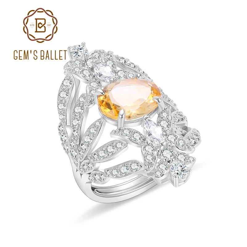 GEM'S BALLET Gemstone Vintage Ring Natural Citrine Statement Ring in 925 Sterling Silver Luxury Bridal Jewelry Gift For Her