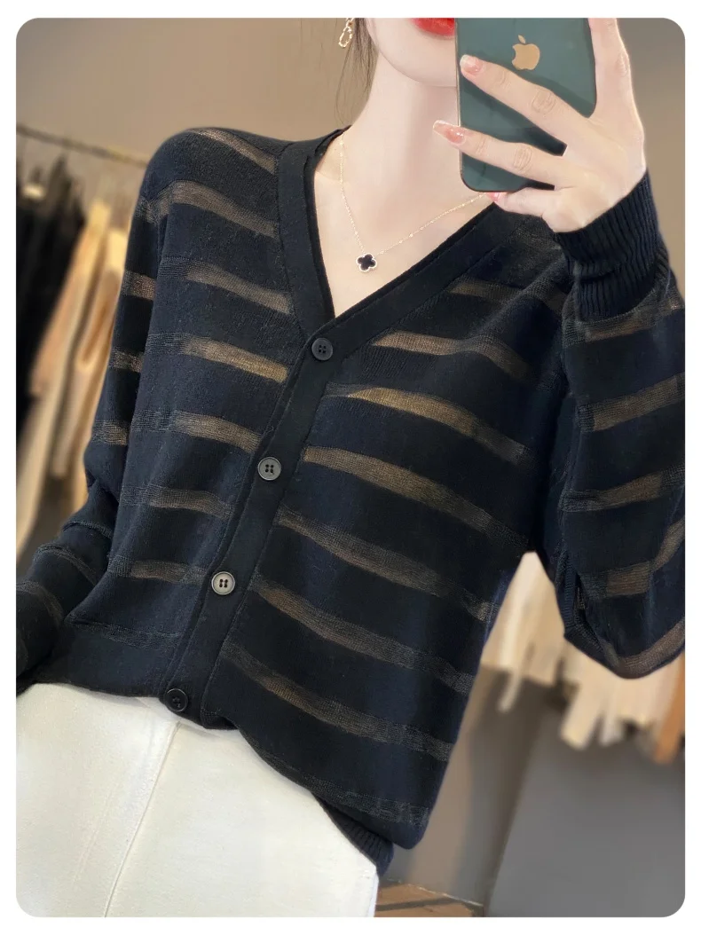 Fall Winter Large size Merino Wool Women\'s Cardigan V-Neck Knitted Outerwear Long Sleeve Top Thin Sexy Slightly Transparent Top