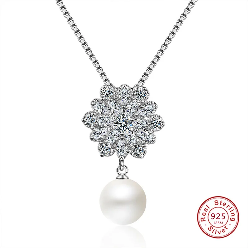 

Luxurious 100% Silver Color White Pearl Pendant Necklaces With Crystal Snowflake Lattice Chain Necklace Chains Wholesale