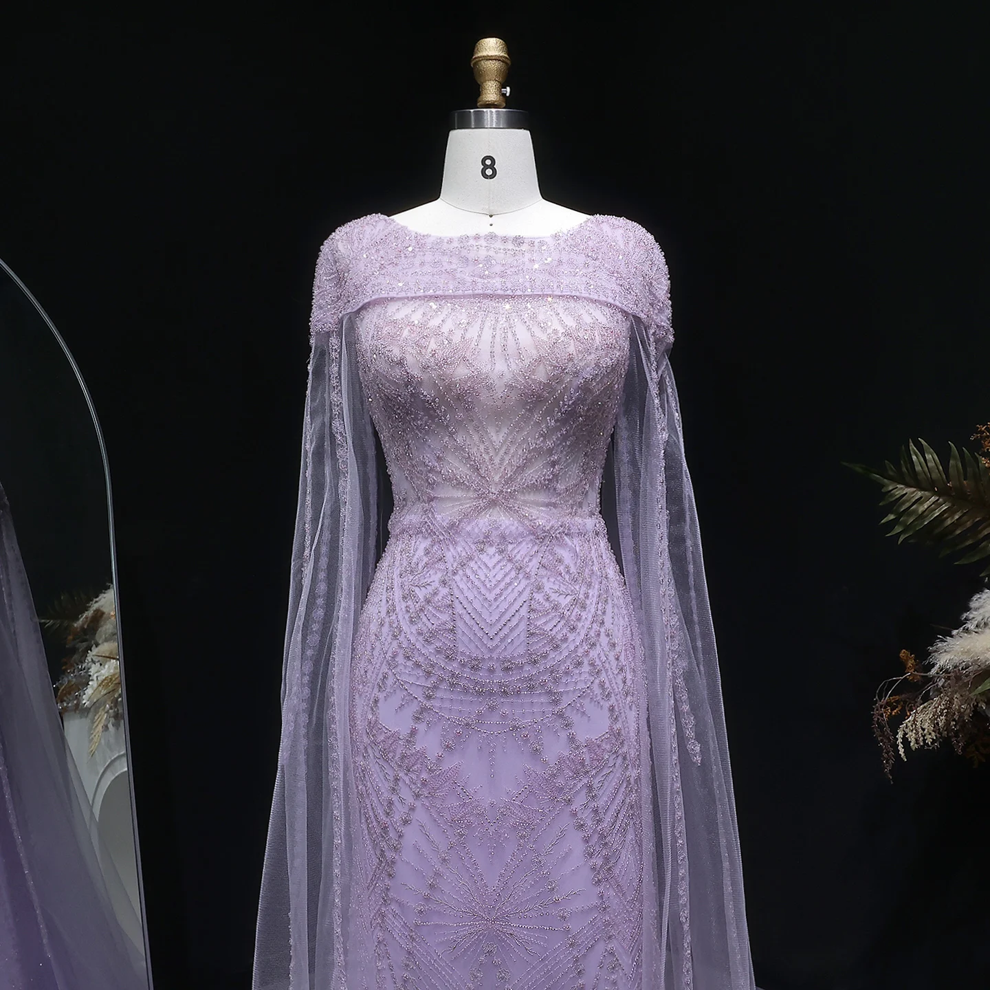 Sharon Said Elegante Fliederfarbene Meerjungfrauen-Abendkleider mit Cape-Ärmeln, Luxuriös Perlenbestickte Arabische Damen-Abendkleider SS019 Maßanfertigung – Detail 5