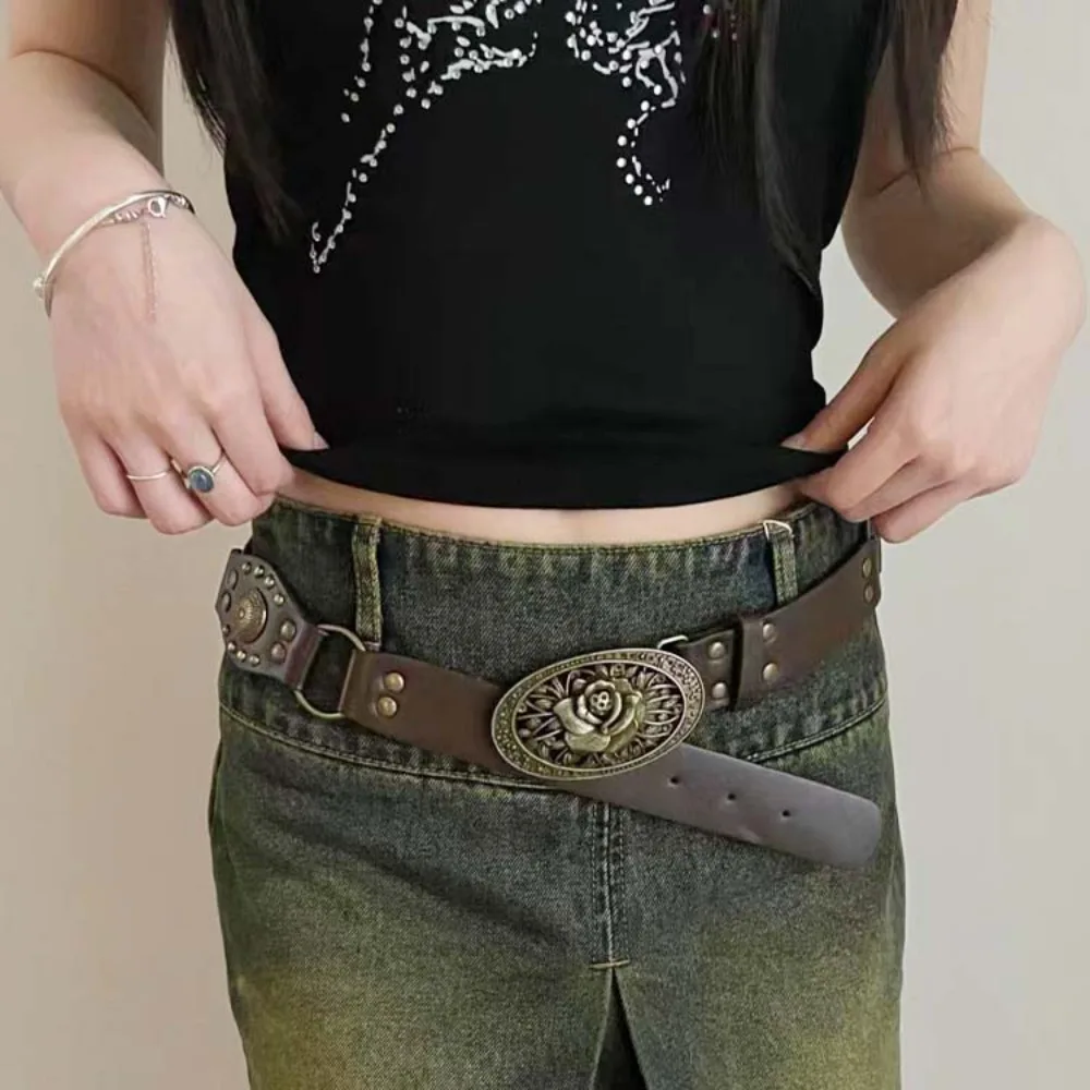 Versatile Alloy Coffee PU Belt Y2K Jeans Decor Retro Ethnic Belt Exaggerated Bohemian Style Wide Brown Waistband Waist Seal