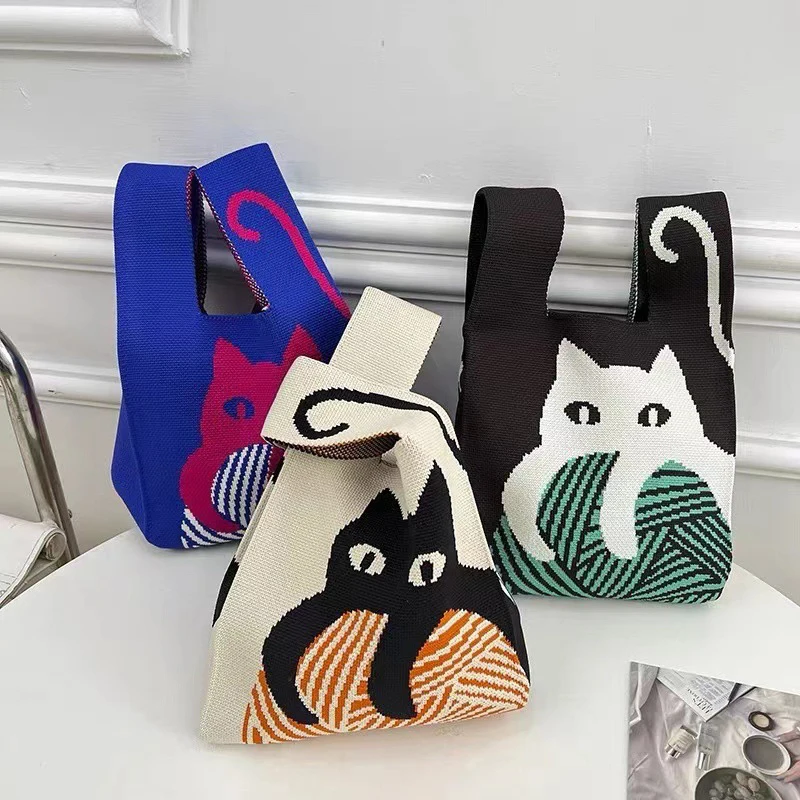 1Pcs Fashion Knitted Wrist Bag Women Bag Casual Shoulder Bag Tote Bag Flower Print Female Reusable Shopping Bags Woven Handbag