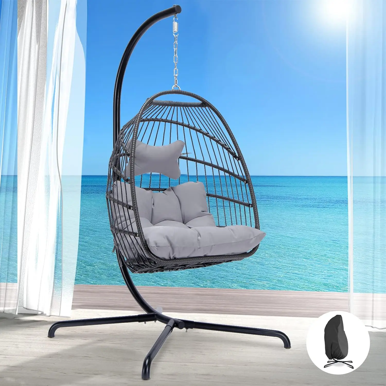 

Outdoor Hanging Egg Chair With Stand Pe Rattan Wicker Egg Chair With Water Resistant Cushions Swinging Egg Chair For Indoor