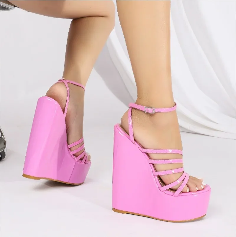 Sandals for Women Platform Party Pumps PU 16CM Wedges Summer Buckle Strap One Character Strip High-heeled Shoes Wedding