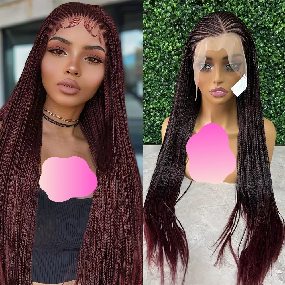 

1b /99J Red Burgundy Braiding Wig 13x4 HD Lace Frontal Wig Glueless Twist Box Braided Synthetic Wigs For Women Bleached Knotless