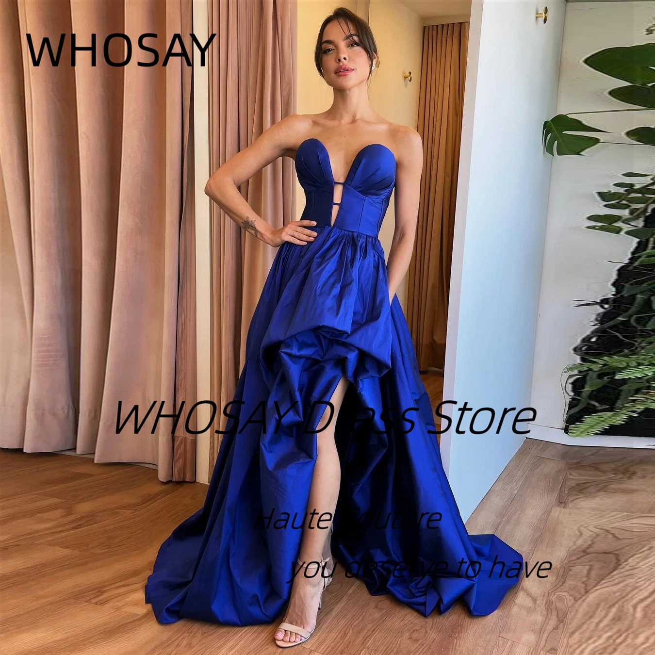 

WHOSAY Royal Blue High Side Slit Prom Dresses Sweetheart Sexy Backless Evening Gowns A Line Special Party Ladies Vestidos Des