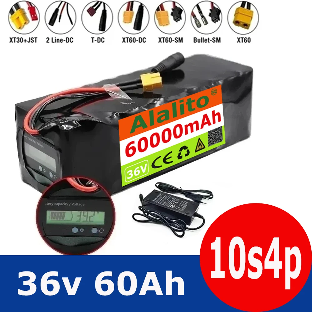 36V Battery 10S4P 60Ah Battery Pack 500W High Power Battery 42V 60000mAh Ebike Electric Bicycle xt60 BMS with Capacity Indicator