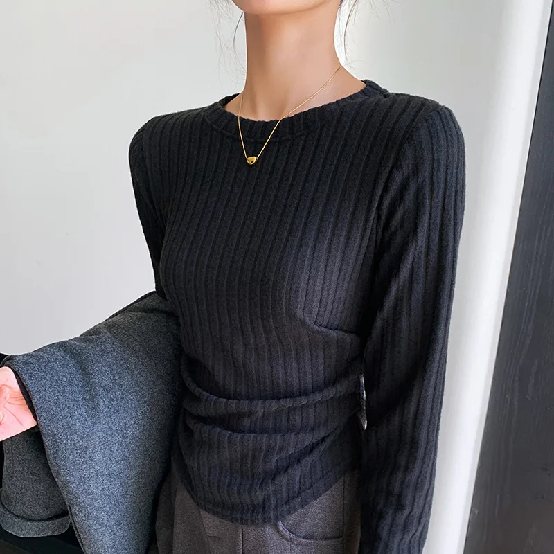 

Round Neck Wrinkled Base Shirt for Women in Autumn Winter New Warm Sweater Slim Vertical Knitted Sweater Long Sleeve Top