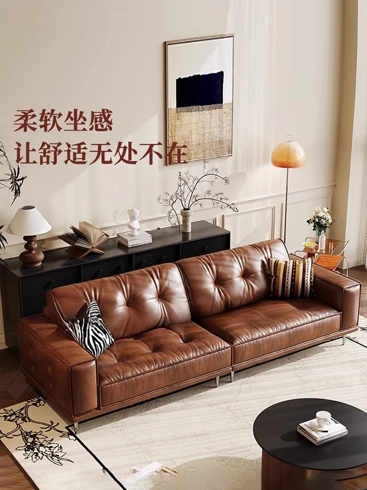 أريكة جلدية فرنسية كلاسيكية من كتلة التوفو والشمع الزيتي في القرون الوسطى، شقة صغيرة لغرفة المعيشة، صف مستقيم، أريكة عالية القدم #2