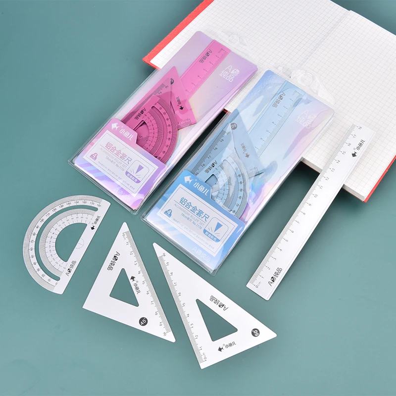 4Pcs/Set Aluminium Ruler Set Metal Geometry Maths Drawing Compass Rulers School