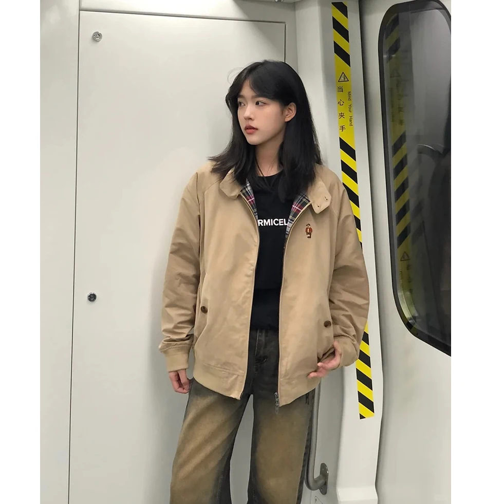 

Original American Teen Sle 25 Spring Bear Embroidery Stand Collar Plaid Lined Jaet Coat Men Women 2 Colors Cotton Polyester