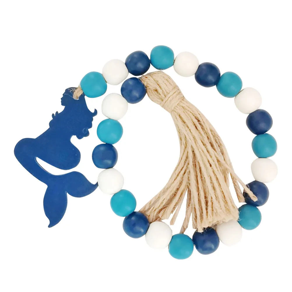 Ocean Inspired Wooden Bead Garland with Tassel Design Premium Hemp Rope Hanging Decoration for Living Room Office Shop Indoor