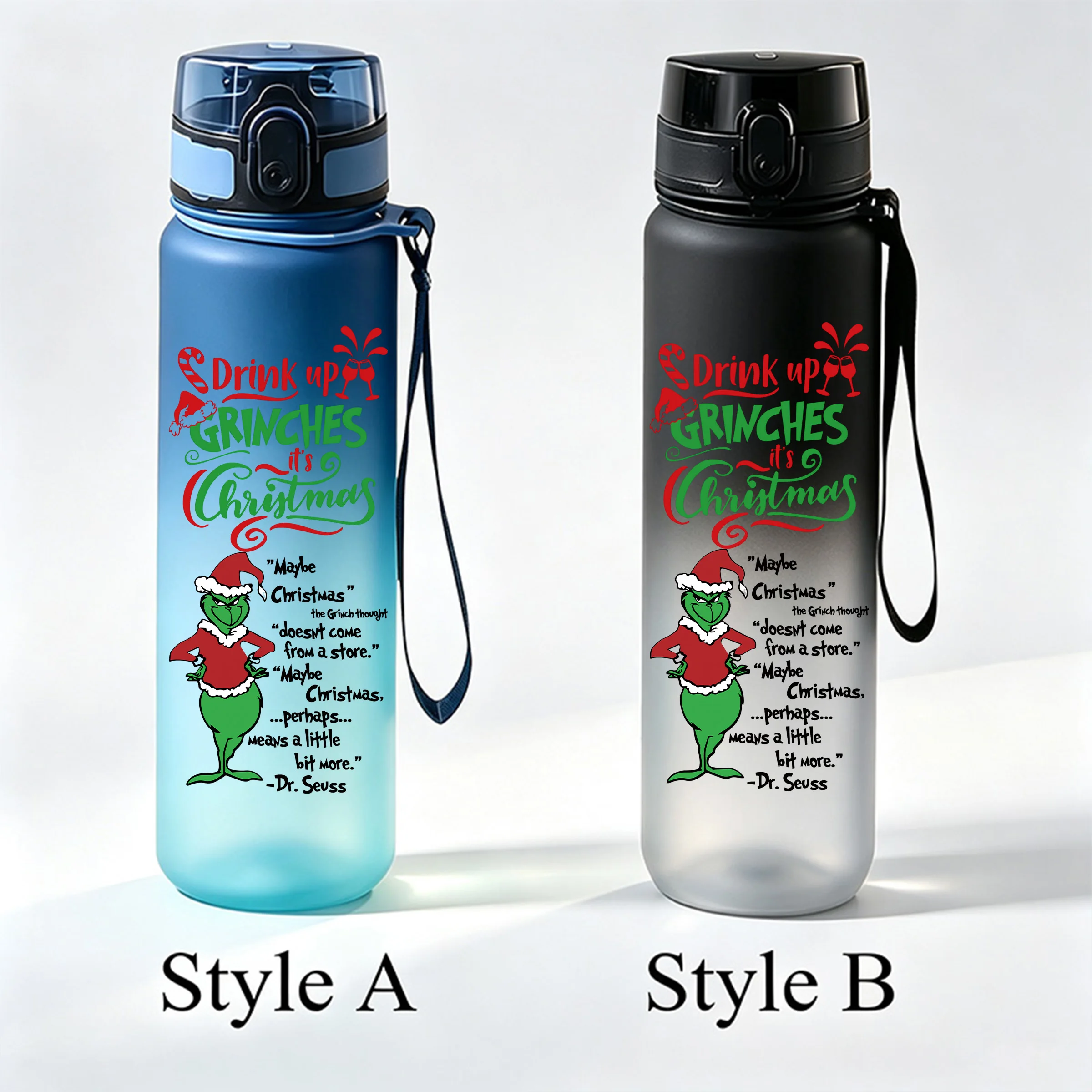 650ml The Grinch Christmas Bouncing Lid Water Cup, Gradient Frosted Leak‑proof Portable Sports Drinking Bottle with Lanyard