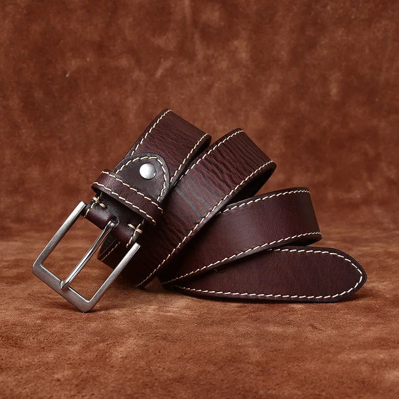3.8CM wide retro top layer cowhide stainless steel buckle belt men's genuine leather pin buckle versatile casual jeans belt