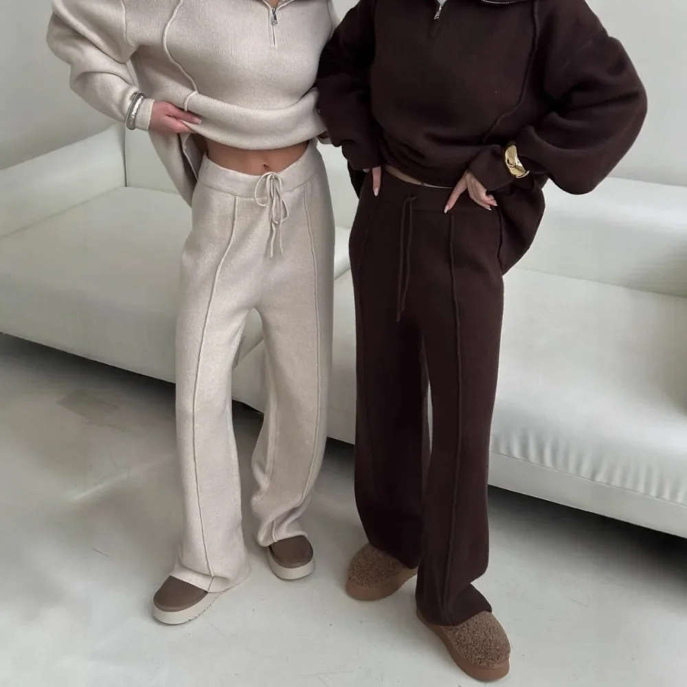 Lichte luxe dagelijkse vestbroekenset herfst en winter dames elegant los warm zacht casual kantoor rits trui broek 2 stuks