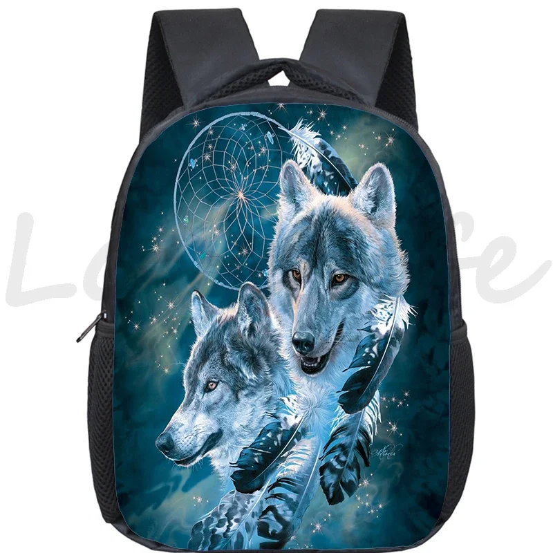 12 Inch Wolf Print School Backpack Kids Kindergarten Bags Girls Boys Bookbag Howling Wolf School Bags Waterproof Toddler Daypack