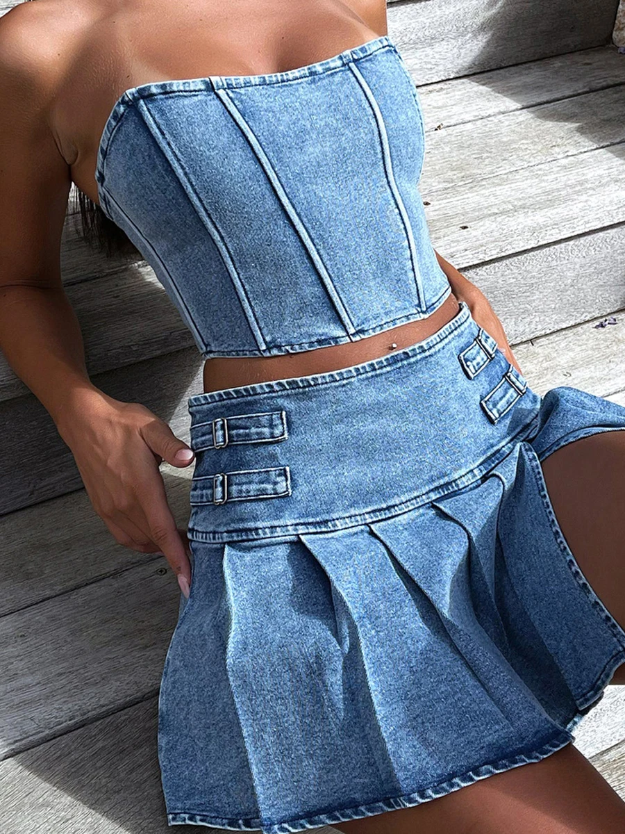 

Women 2 Piece Jean Outfits Strapless Backless Denim Tube Top with Pleated A-line Mini Skirt Set Summer Vacation Outfits