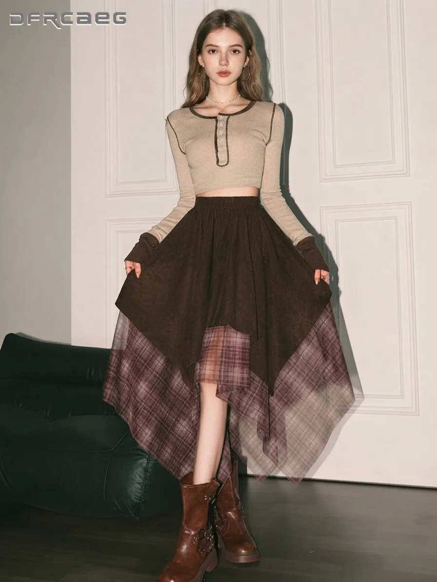Elastic High Waist Asymmetric Faux Suede A-Line Skirt For Women Autumn Winter Contrast Panel Plaid Vintage Midi Skirts Lady