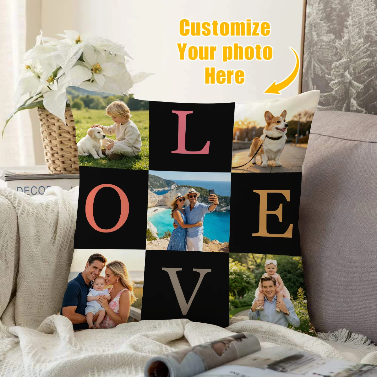 1pc Love photo splicing custom pillow cover, customized cushion cover for parent-child, lover, idol photos, single-sided