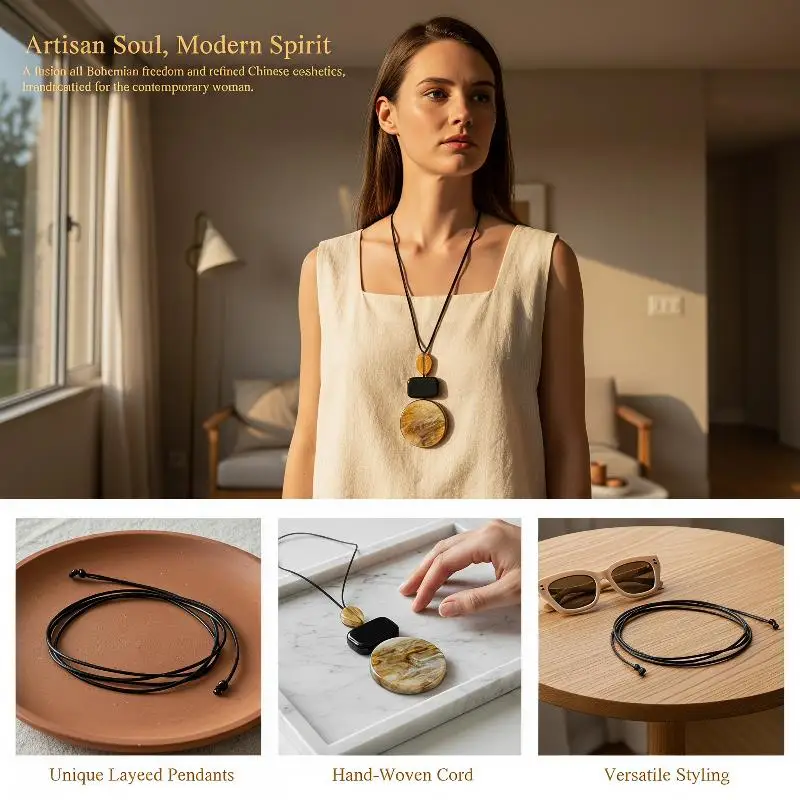 Trendy Bohemia Necklace For Women Advanced Pendant Neck Chain Ethnic Style Resin Sweater Chain Summer