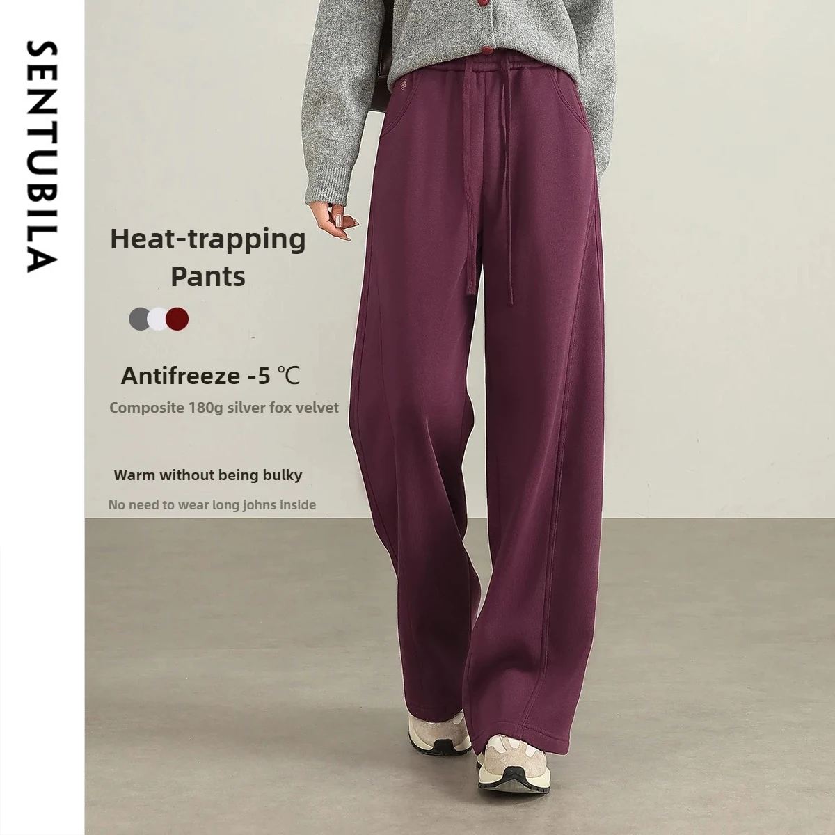 

SENTUBILA Thermal Pants for Women 2025 Winter Silver Fox Velvet Elastic Drawstring Waist Commuter Straight Trousers 154K87892