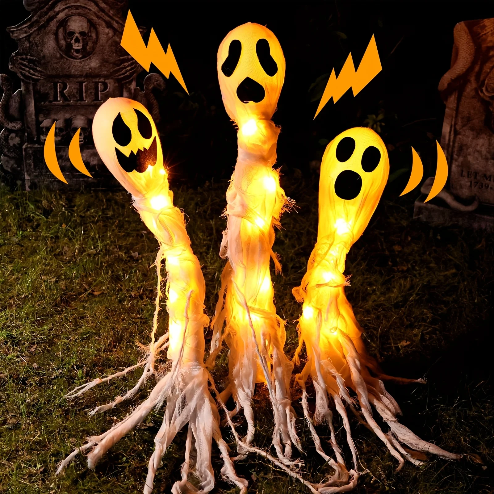 3 Pack Lighted Up Halloween Decorations Outdoor Ghost Yard Stakes Spooky Battery Operated Home Patio Lawn Decor