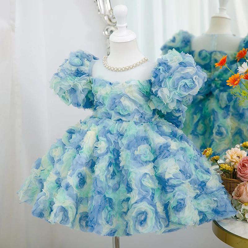 

2023 New Baby Girls Cute Three-dimensional Flower Beading Round Collar Princess Ball Gown Kids Birthday party Dresses y894