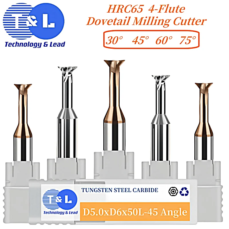 T&L CNC Tool 30 45 60 75 Degree Tungsten Steel Machining Tool for Metal End Mill 1mm-20mm HRC65 Carbide Dovetail Milling Cutter