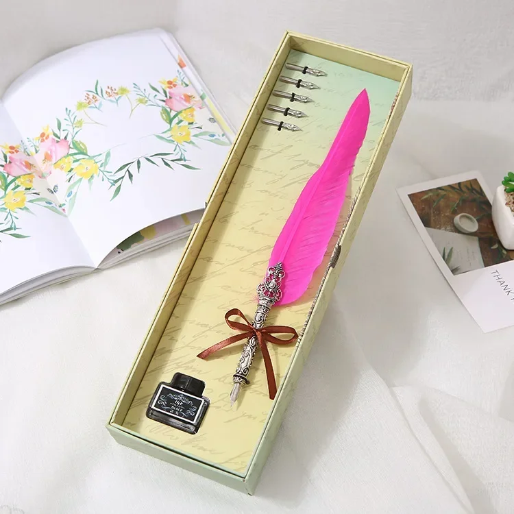 A 1 Set Fountain Pen Ink Gift Box European Style Retro Quill Set Students Gift Business Gift Feather Pen Stationery