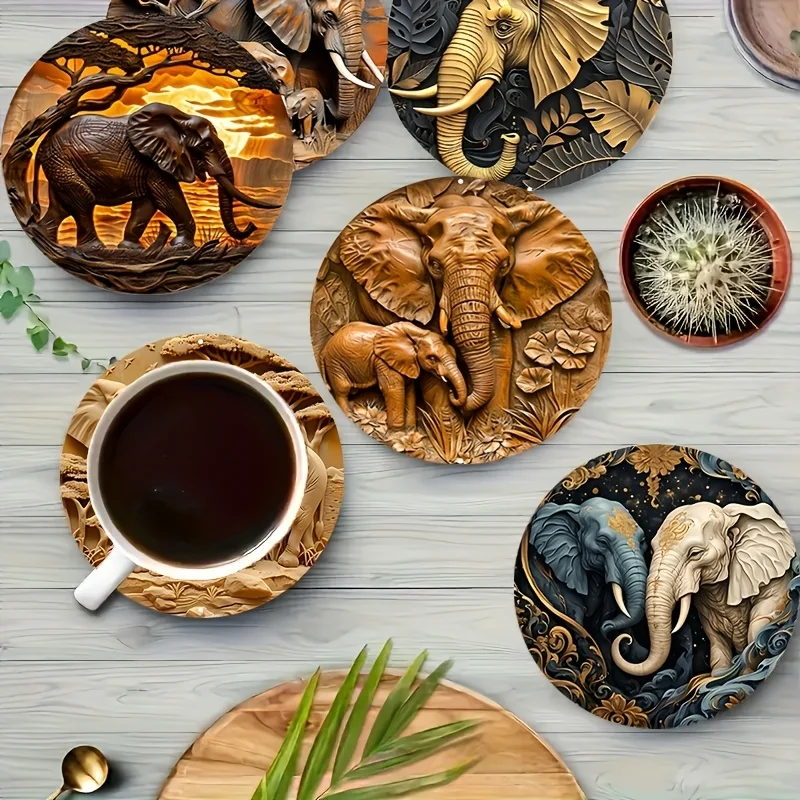 2D Trendy Elephant Motif Wooden Cup Mat Surface Guard Household Dining Celebration Seasonal Ornament Perfect Present Functional
