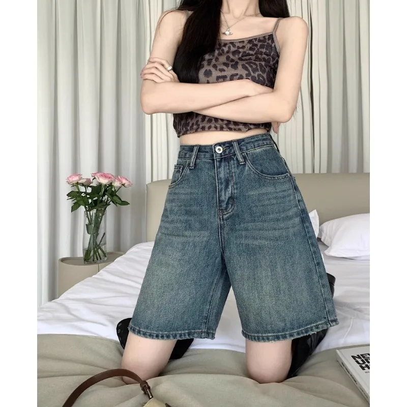 

Retro Denim Shorts Women Summer 2026 High Waist Five-point Pants Loose Straight A-line Half Pants Fashion Female Streetwear