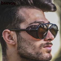 Lunettes de soleil rondes en cuir pour hommes, style steampunk classique, marque de styliste vintage, punk, rivets, rétro