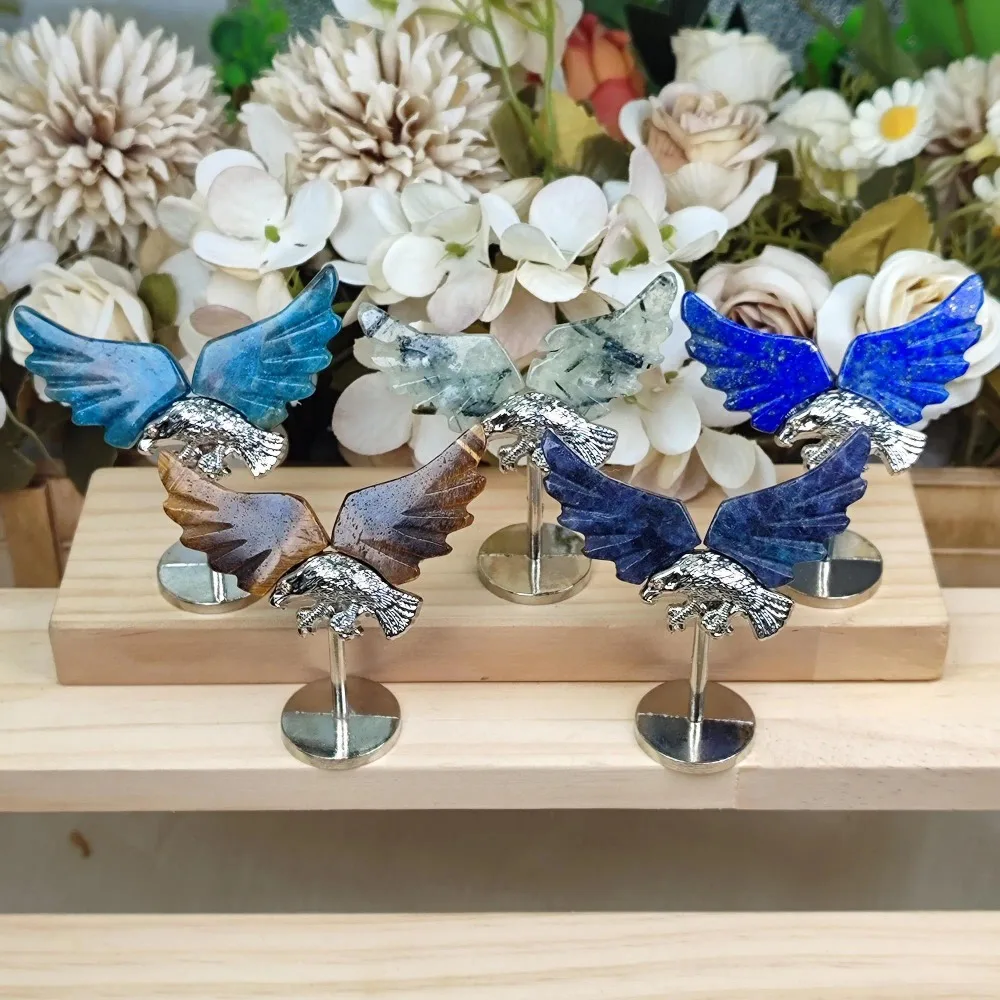 Natural Crystal Eagle Wing Ornament with Stand, Tiger Eye, Apatite, Lapis Lazuli, Prehnite,Lolite