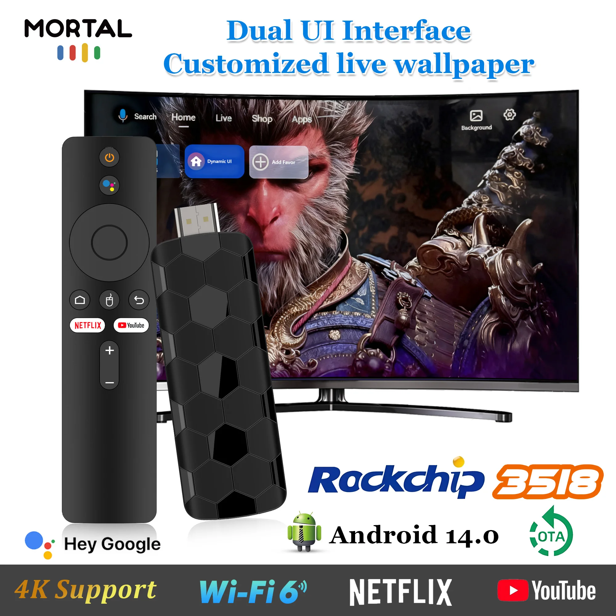 Mortal R3+ TV Stick Android 14 Rockchip RK3518 4K HDR Quad Core Wifi6 Netflix BT5.0 USB3.0 2GB RAM 16GB ROM Voice Remote TV Box