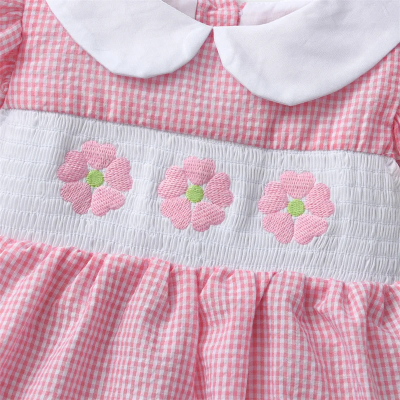 2024 Summer Children Boutique Dress Baby Girls Smocked Embroidery Dresses Flare Sleeve Peter Pan Collar Clothes Kids Vestidos