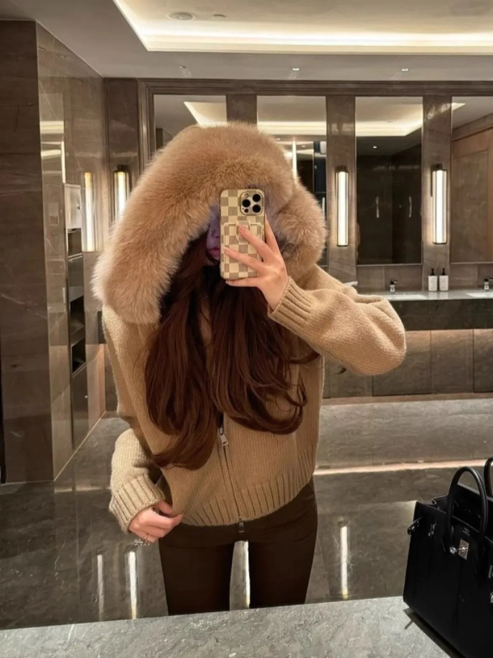 Fashion Autumn Winter Hooded Real Fox Fur Collar Natural Fur Cardigan Coat for Women Casual Fashion Short Knitted Jacket